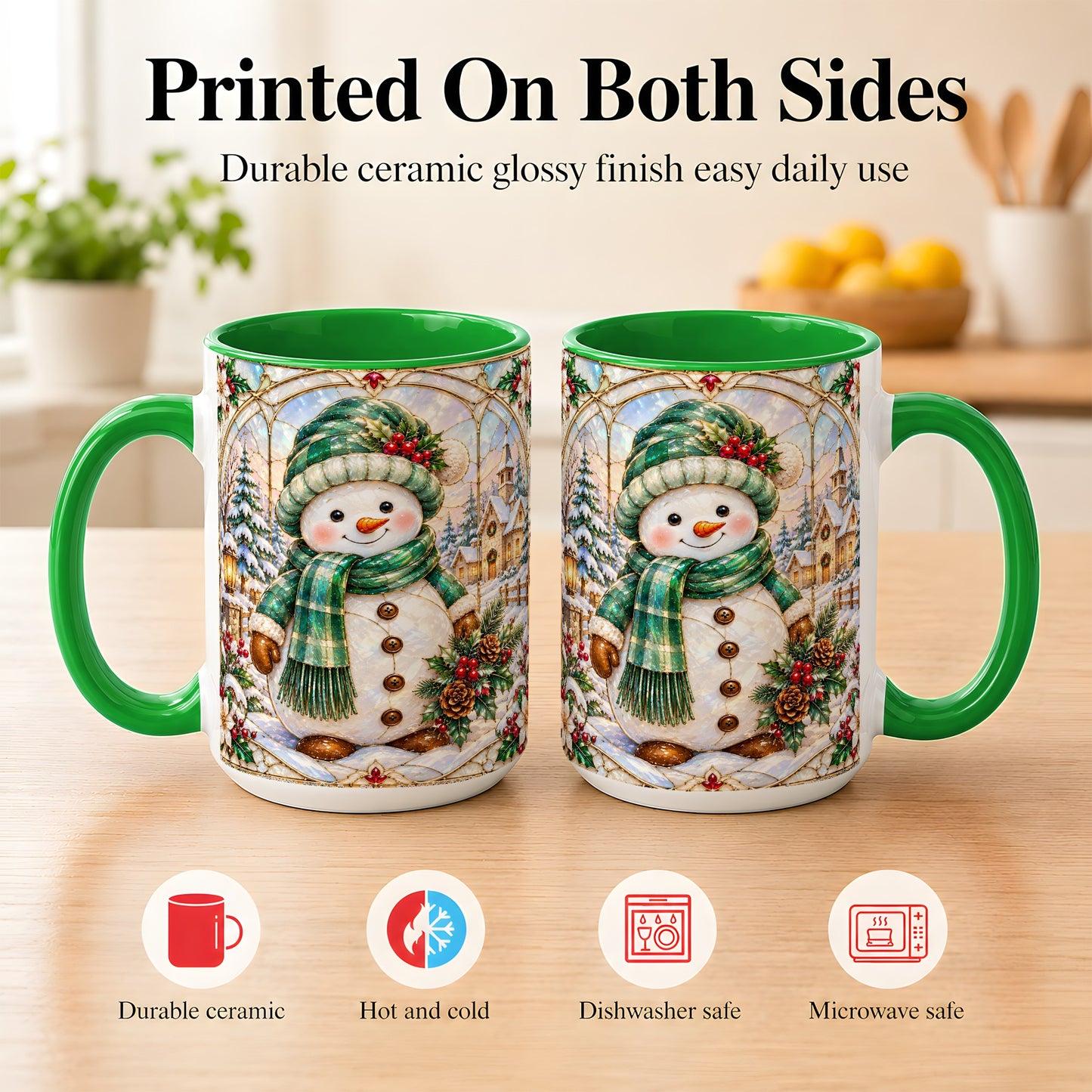 #pl[15oz|Green] Stained Glass Style Snowman Coffee Mug, Christmas Mug, Ceramic Cup