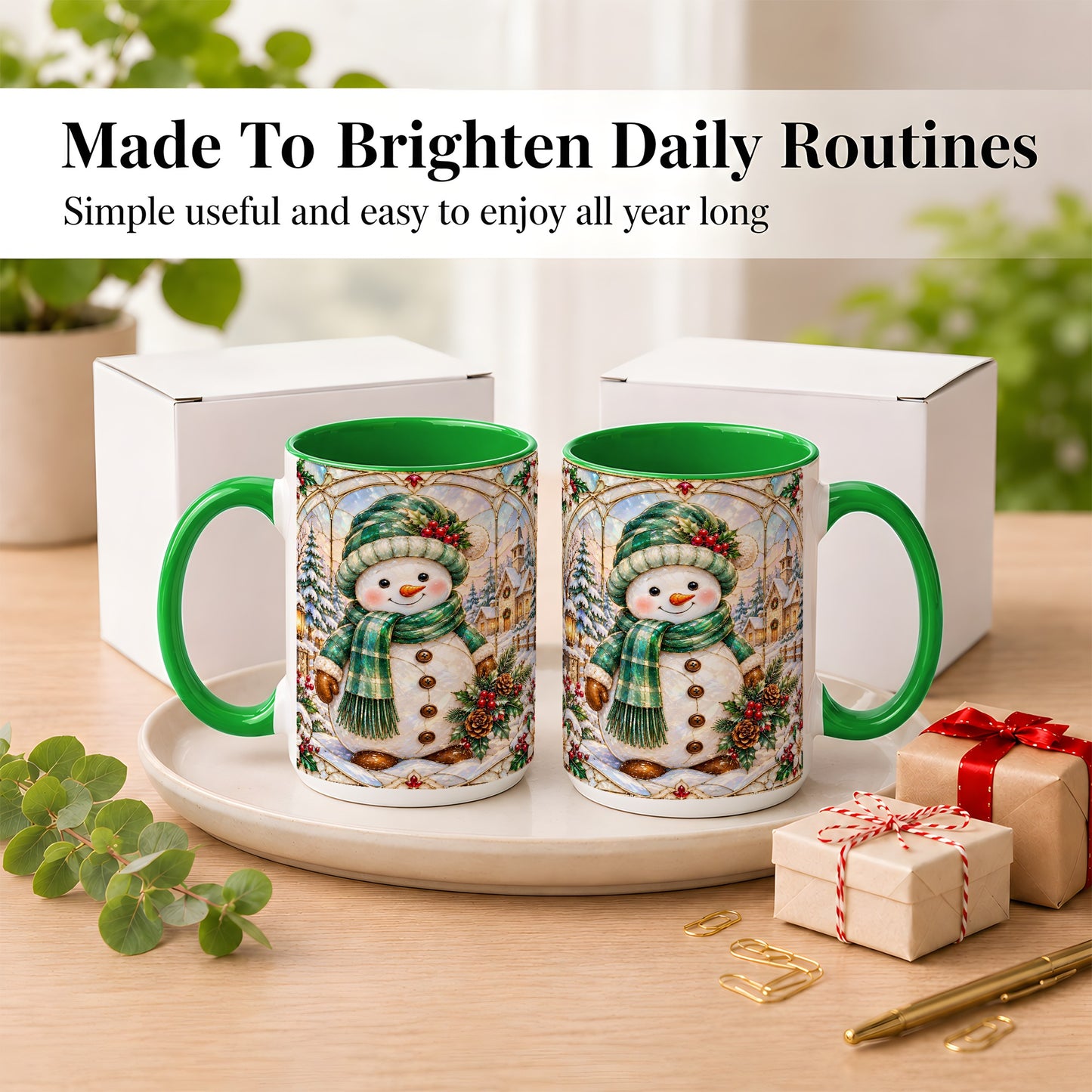 #pl[15oz|Green] Stained Glass Style Snowman Coffee Mug, Christmas Mug, Ceramic Cup