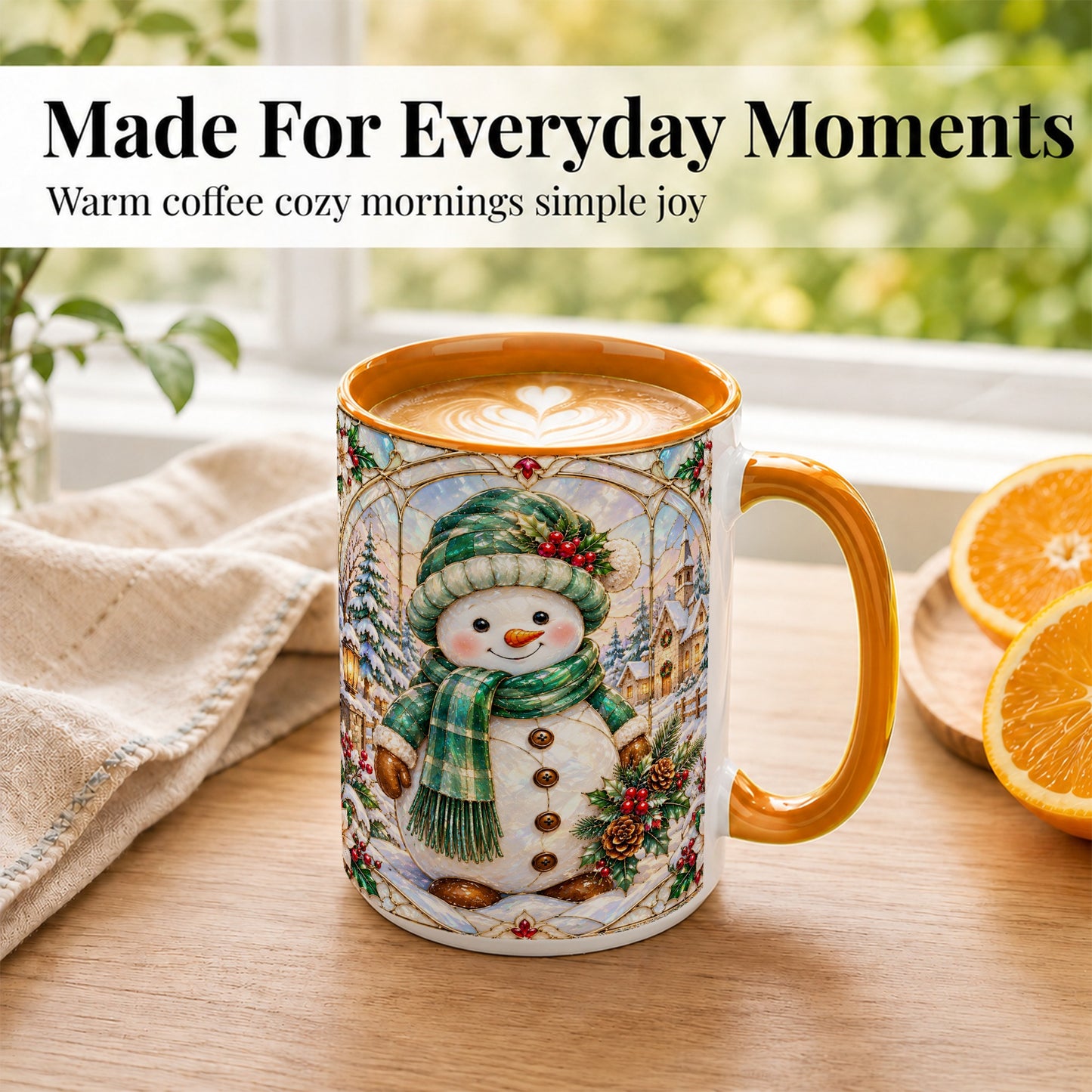 #pl[15oz|Orange] Stained Glass Style Snowman Coffee Mug, Christmas Mug, Ceramic Cup