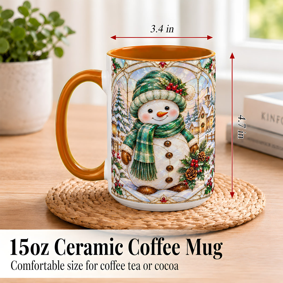 #pl[15oz|Orange] Stained Glass Style Snowman Coffee Mug, Christmas Mug, Ceramic Cup