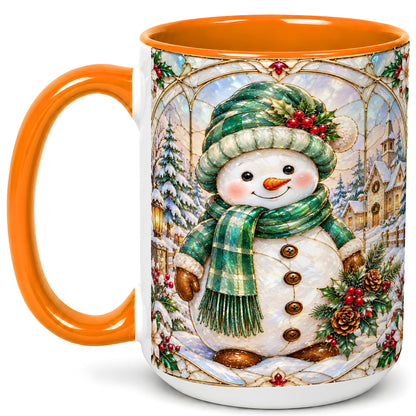 #pl[15oz|Orange] Stained Glass Style Snowman Coffee Mug, Christmas Mug, Ceramic Cup