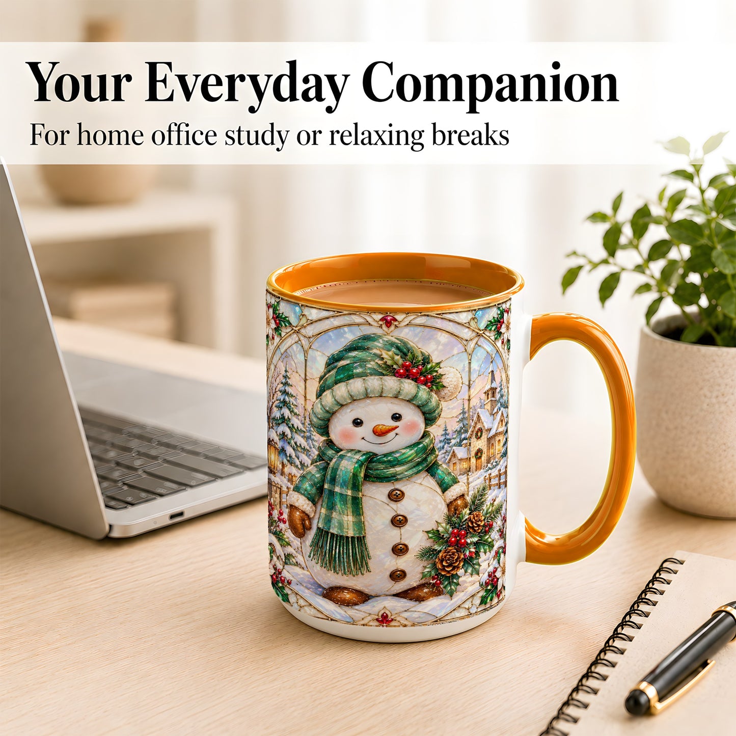 #pl[15oz|Orange] Stained Glass Style Snowman Coffee Mug, Christmas Mug, Ceramic Cup