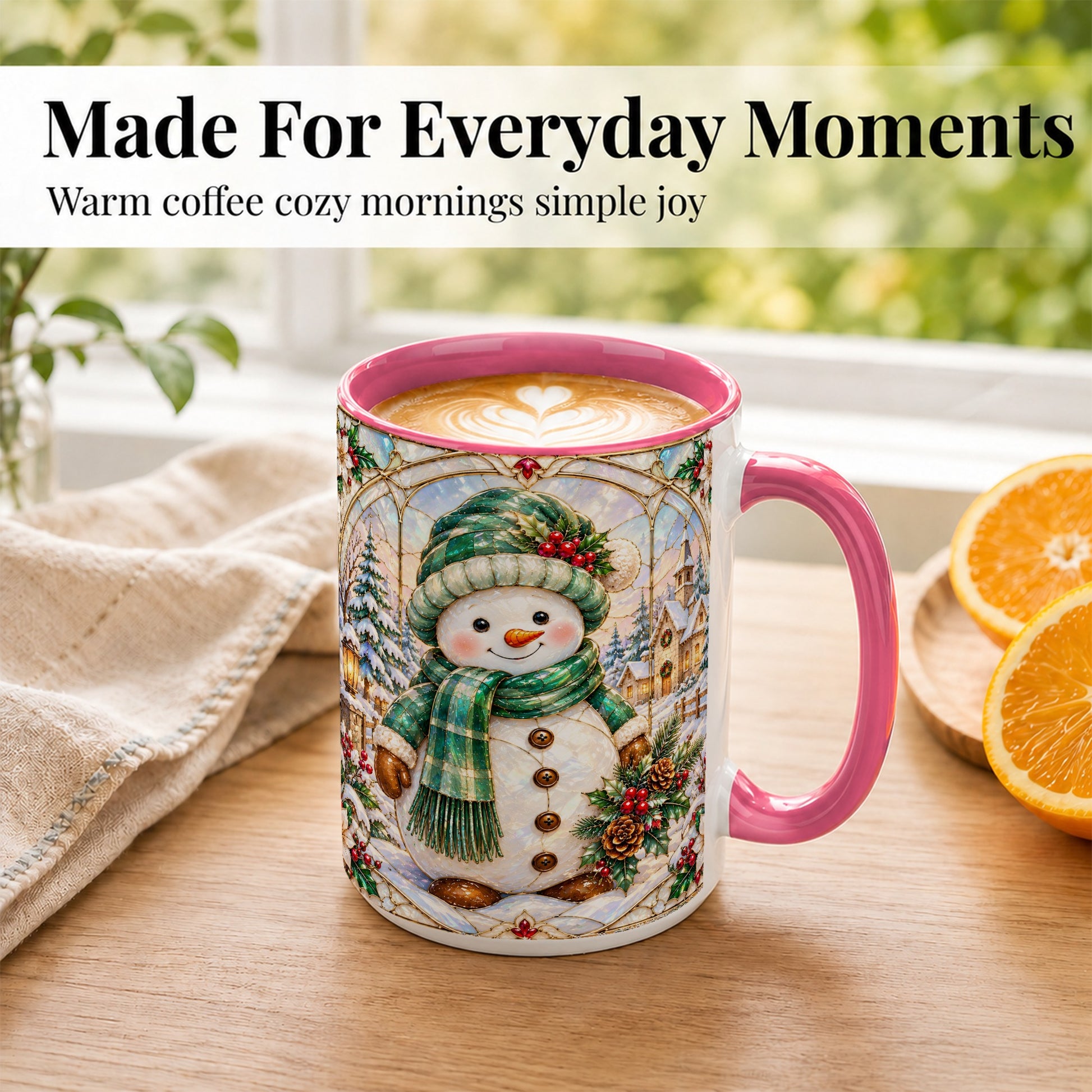 #pl[15oz|Pink] Stained Glass Style Snowman Coffee Mug, Christmas Mug, Ceramic Cup