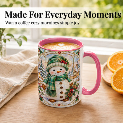 #pl[15oz|Pink] Stained Glass Style Snowman Coffee Mug, Christmas Mug, Ceramic Cup