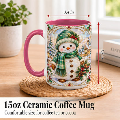 #pl[15oz|Pink] Stained Glass Style Snowman Coffee Mug, Christmas Mug, Ceramic Cup