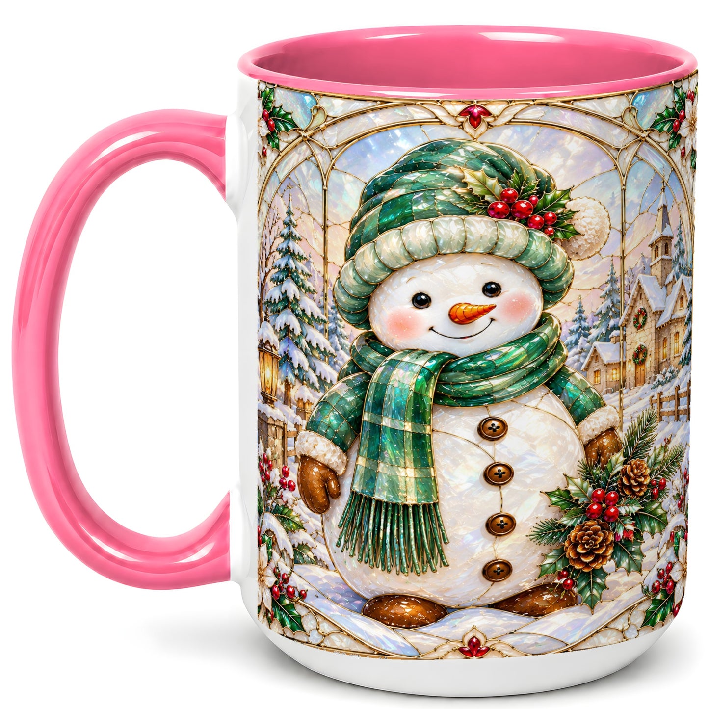 #pl[15oz|Pink] Stained Glass Style Snowman Coffee Mug, Christmas Mug, Ceramic Cup