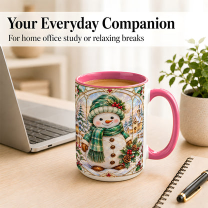 #pl[15oz|Pink] Stained Glass Style Snowman Coffee Mug, Christmas Mug, Ceramic Cup