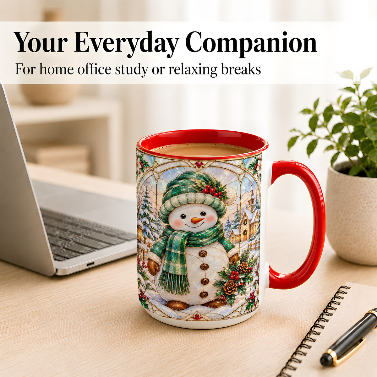 #pl[15oz|Red] Stained Glass Style Snowman Coffee Mug, Christmas Mug, Ceramic Cup