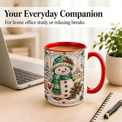 #pl[15oz|Red] Stained Glass Style Snowman Coffee Mug, Christmas Mug, Ceramic Cup