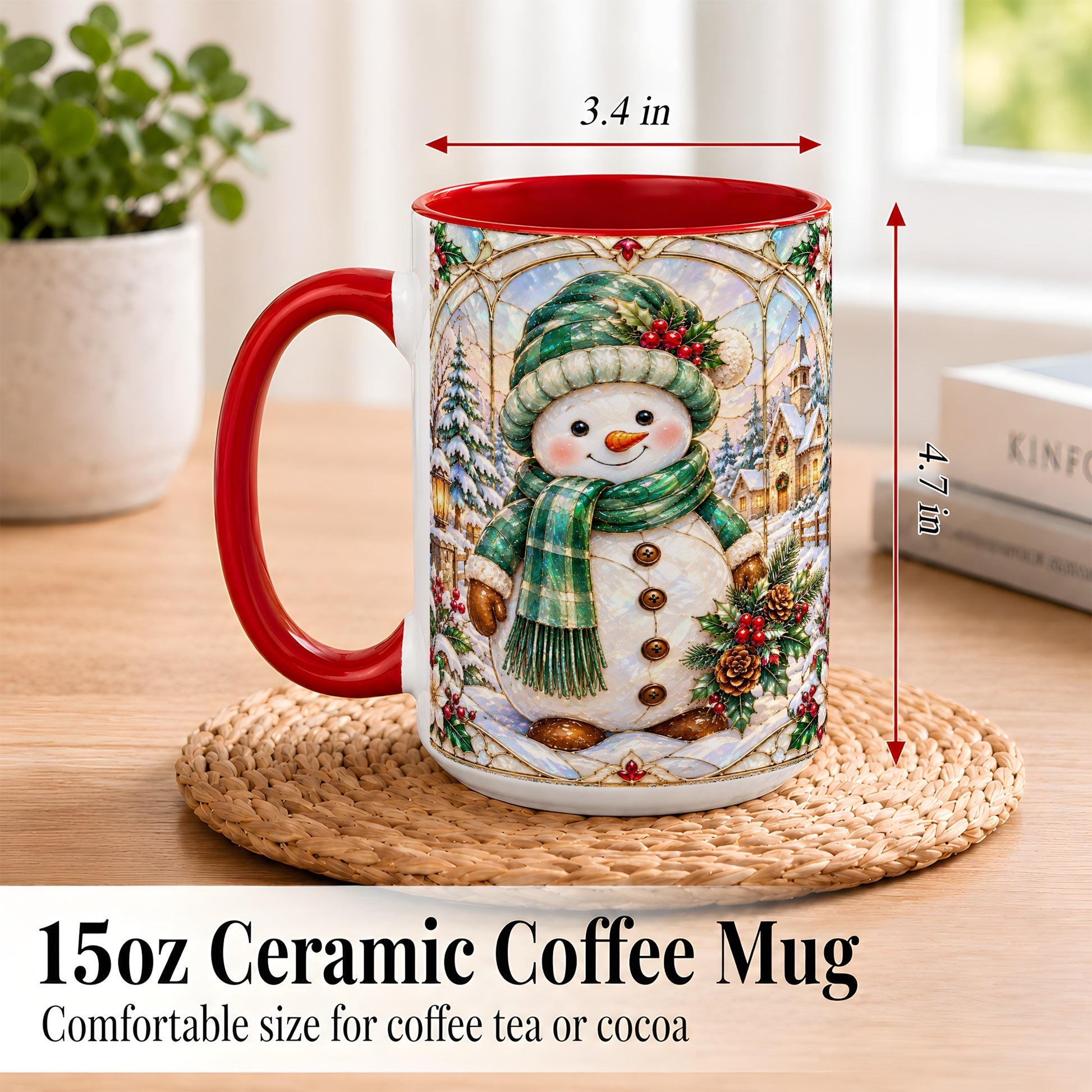 #pl[15oz|Red] Stained Glass Style Snowman Coffee Mug, Christmas Mug, Ceramic Cup