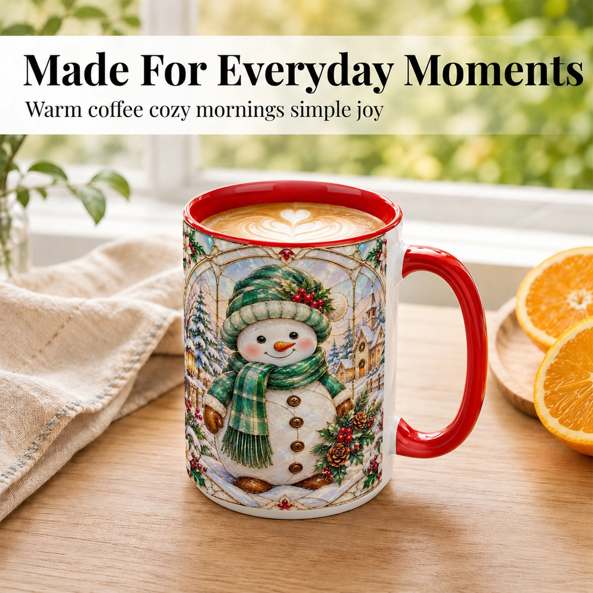 #pl[15oz|Red] Stained Glass Style Snowman Coffee Mug, Christmas Mug, Ceramic Cup