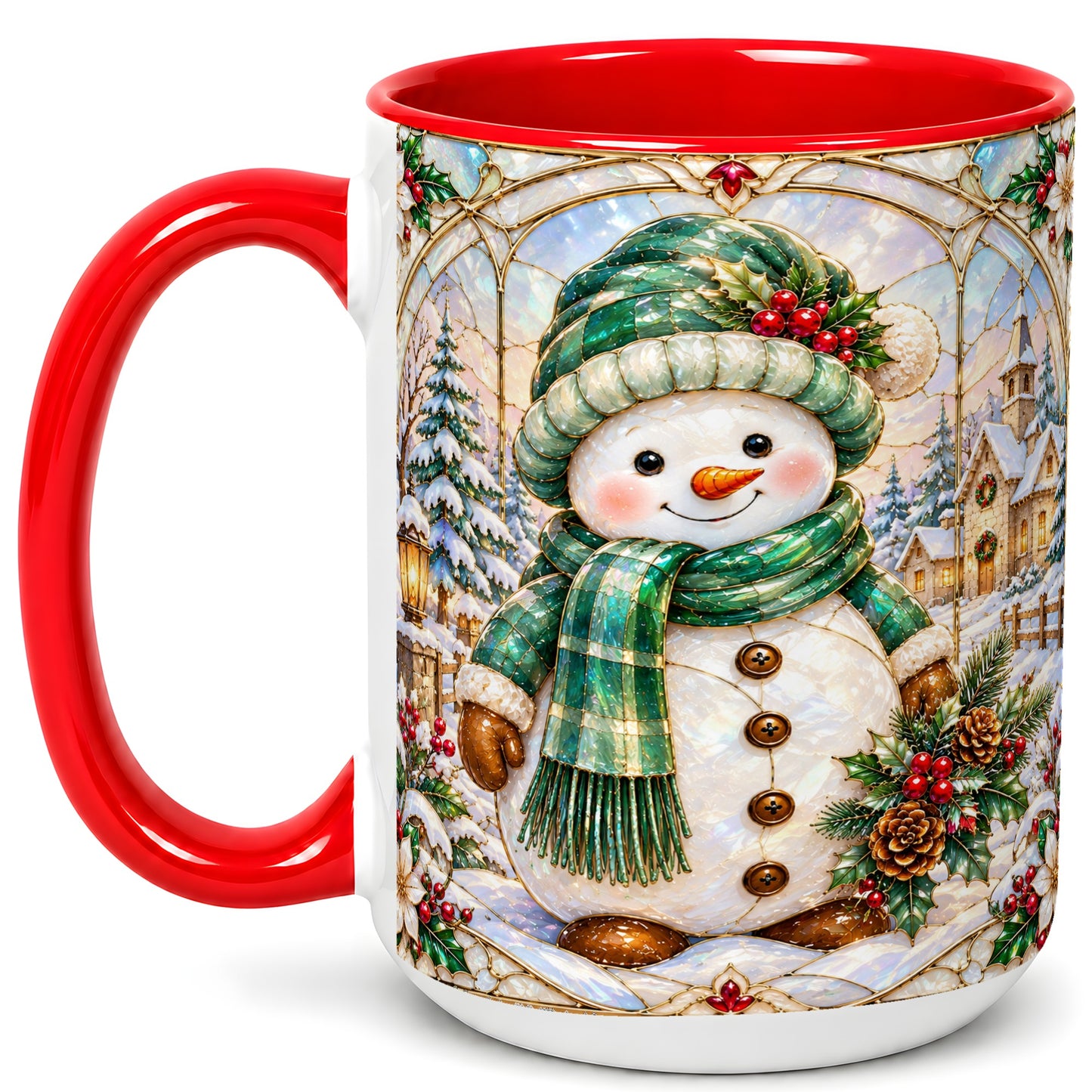 #pl[15oz|Red] Stained Glass Style Snowman Coffee Mug, Christmas Mug, Ceramic Cup