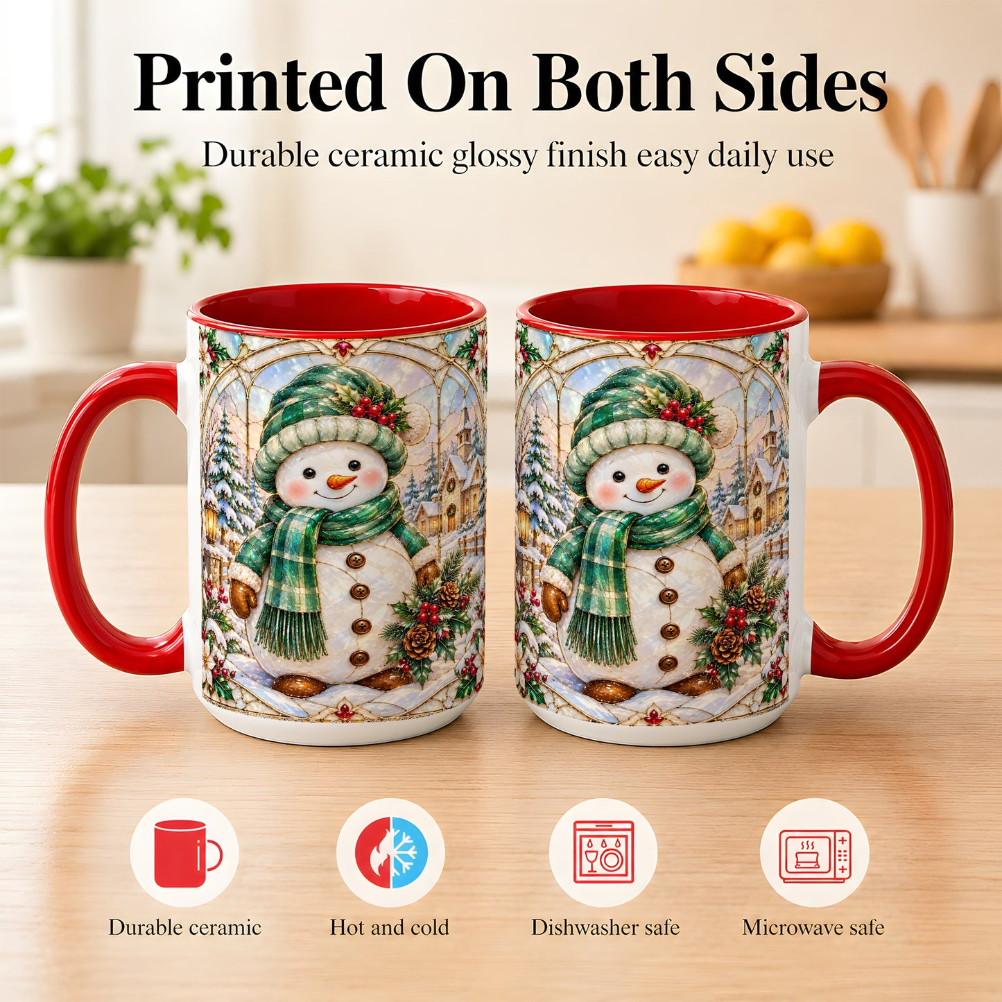 #pl[15oz|Red] Stained Glass Style Snowman Coffee Mug, Christmas Mug, Ceramic Cup