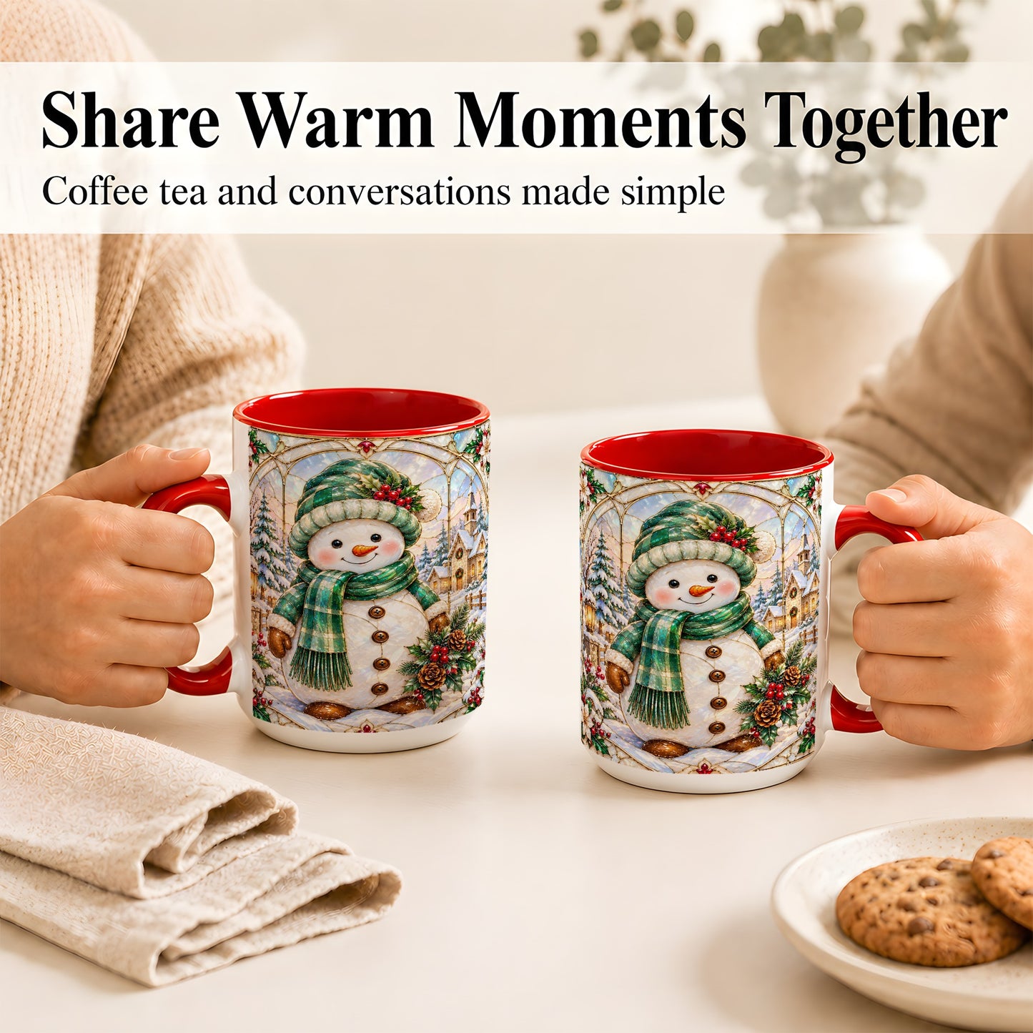 #pl[15oz|Red] Stained Glass Style Snowman Coffee Mug, Christmas Mug, Ceramic Cup