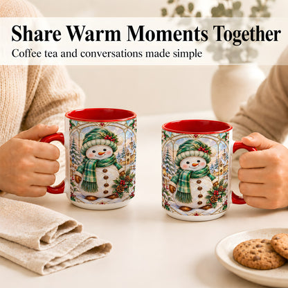 #pl[15oz|Red] Stained Glass Style Snowman Coffee Mug, Christmas Mug, Ceramic Cup