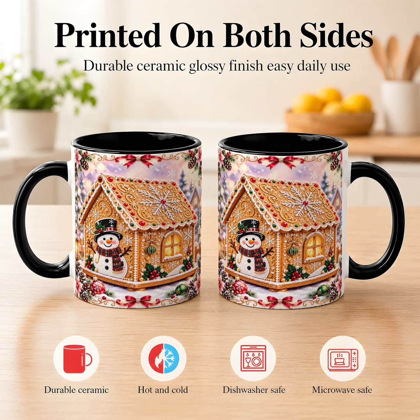 #pl[11oz|Black] Gingerbread House Coffee Mug, Christmas Snowman Mug, Ceramic Cup