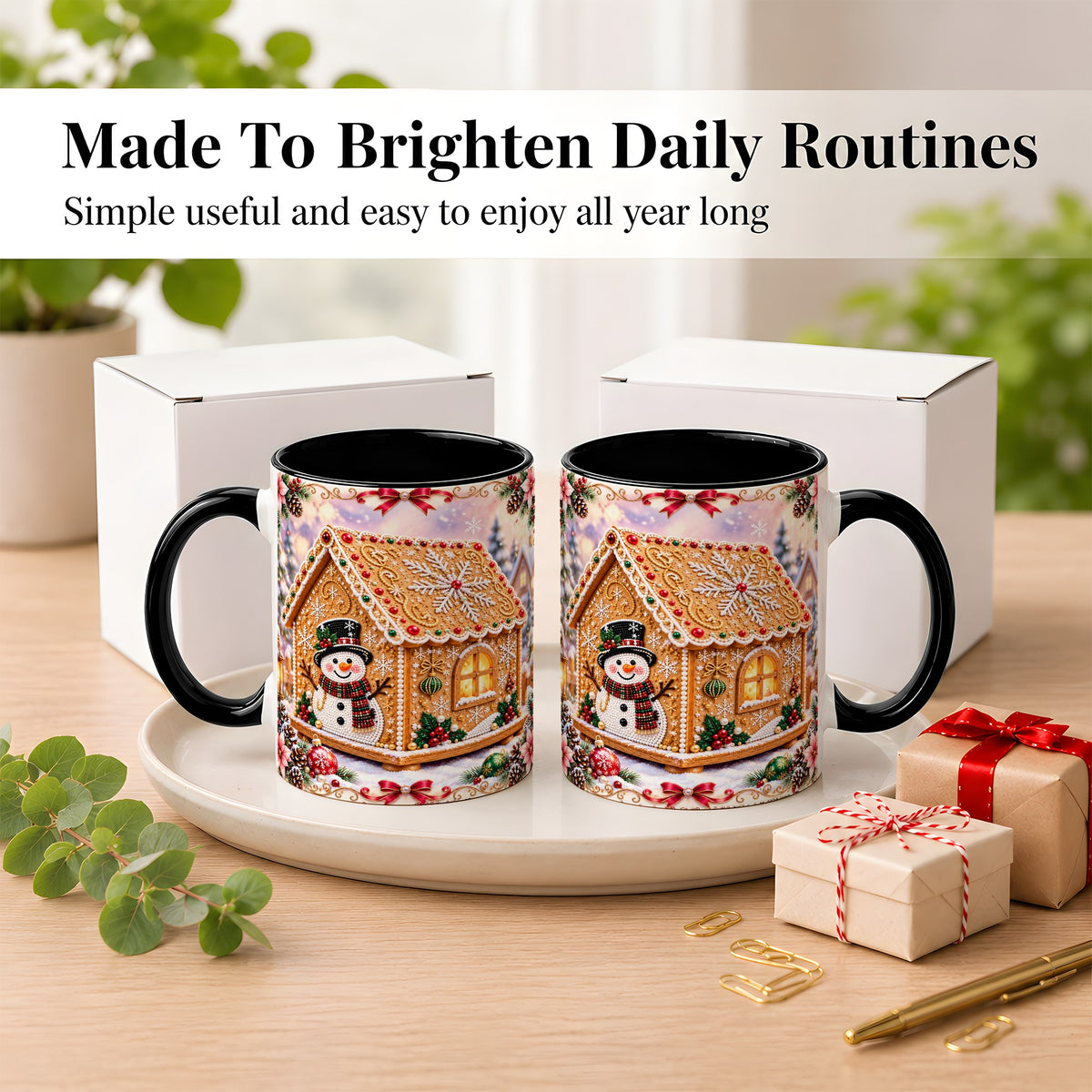 #pl[11oz|Black] Gingerbread House Coffee Mug, Christmas Snowman Mug, Ceramic Cup