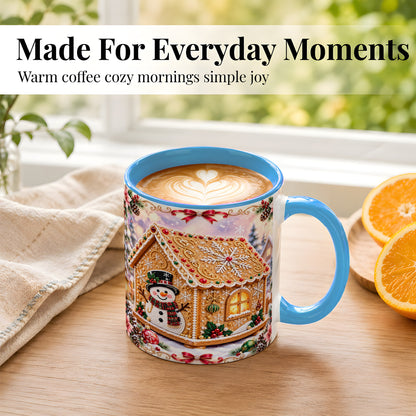 #pl[11oz|Blue] Gingerbread House Coffee Mug, Christmas Snowman Mug, Ceramic Cup