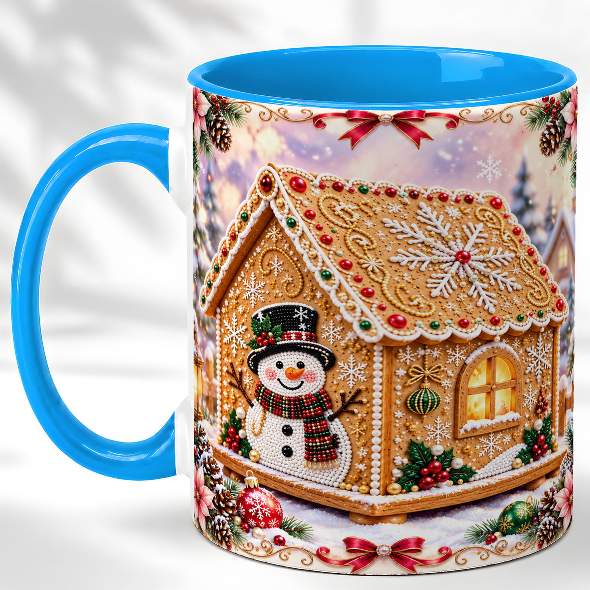 #pl[11oz|Blue] Gingerbread House Coffee Mug, Christmas Snowman Mug, Ceramic Cup
