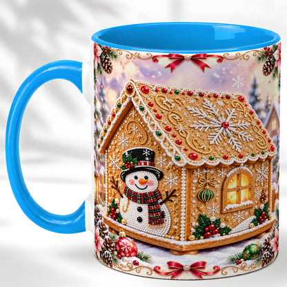 #pl[11oz|Blue] Gingerbread House Coffee Mug, Christmas Snowman Mug, Ceramic Cup