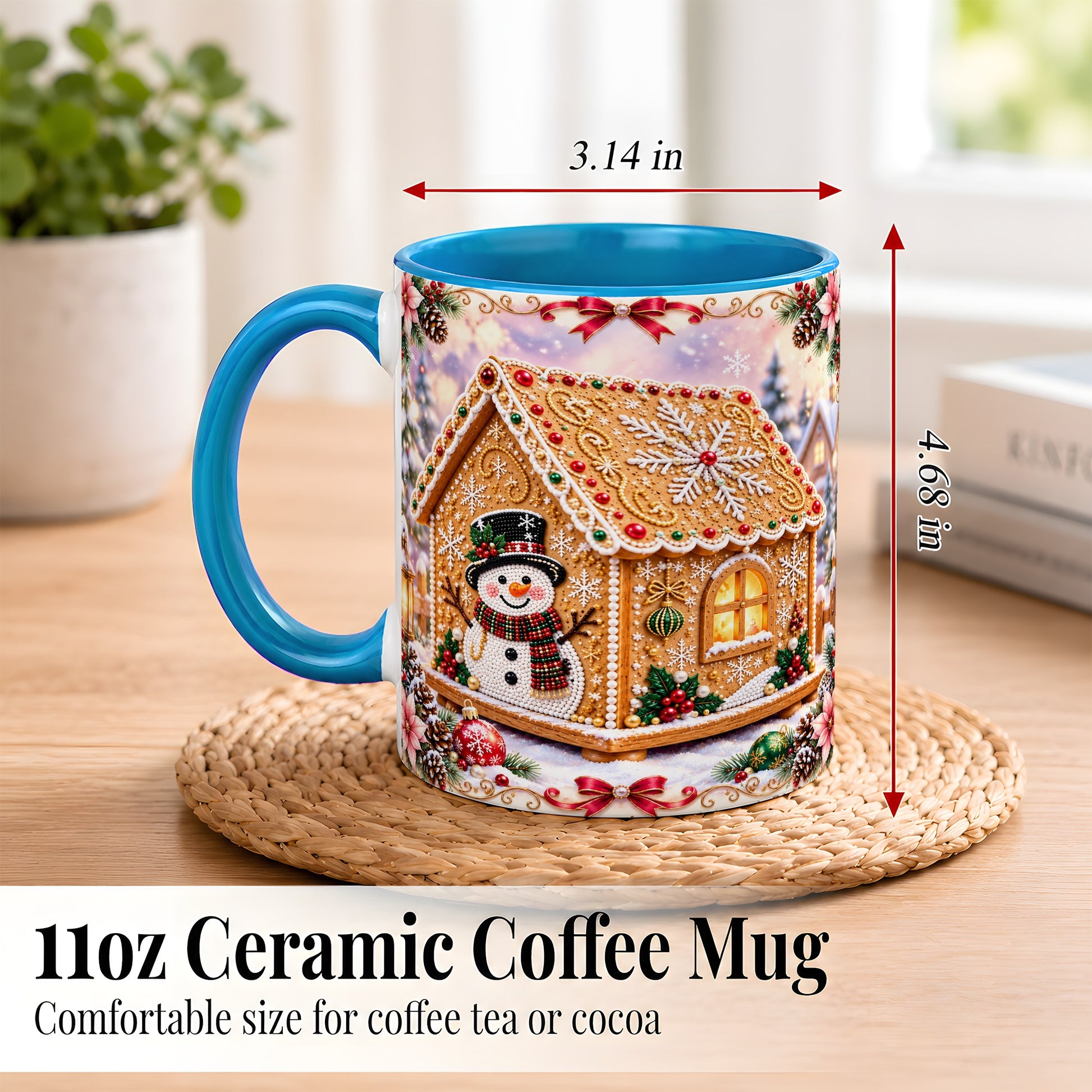 #pl[11oz|Blue] Gingerbread House Coffee Mug, Christmas Snowman Mug, Ceramic Cup
