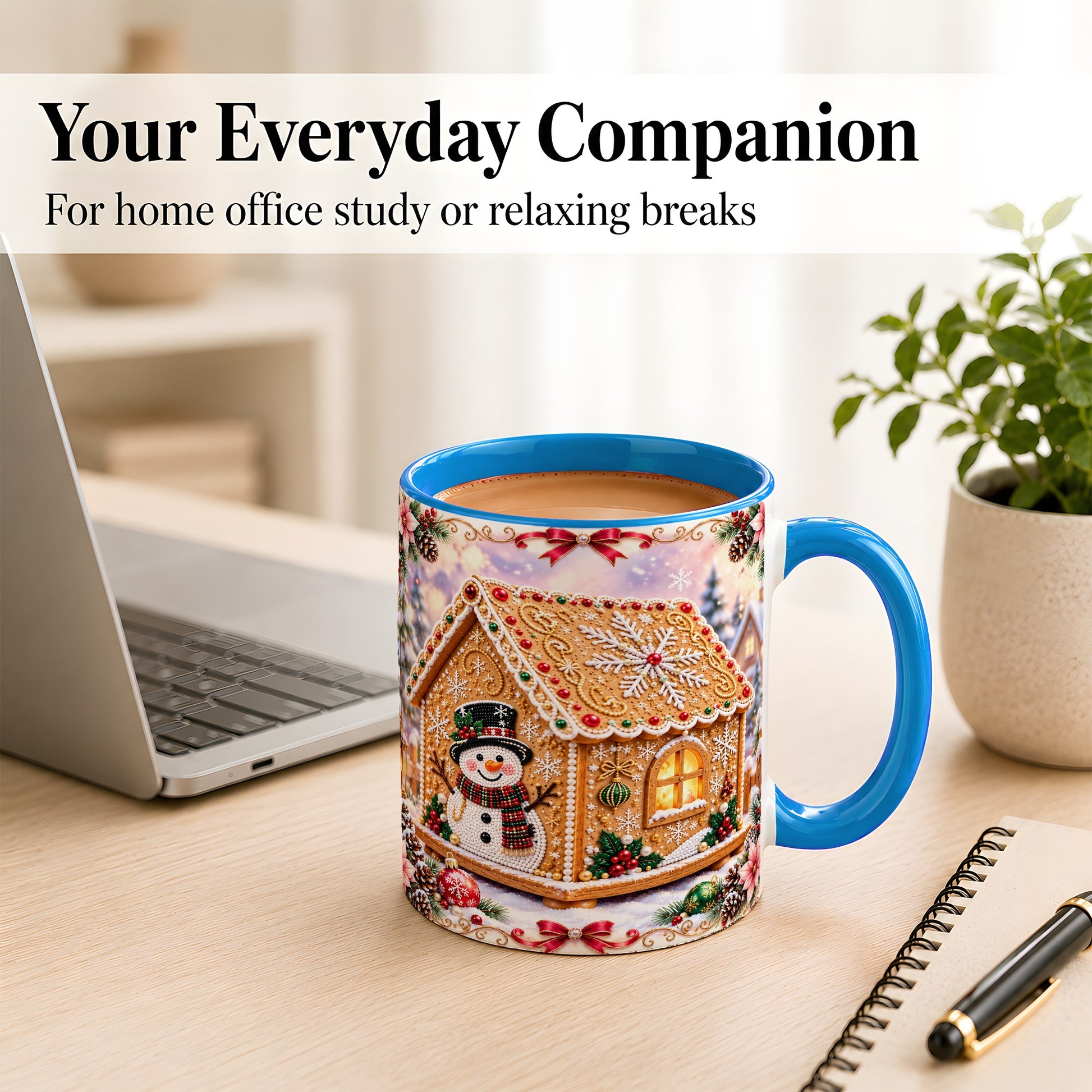 #pl[11oz|Blue] Gingerbread House Coffee Mug, Christmas Snowman Mug, Ceramic Cup