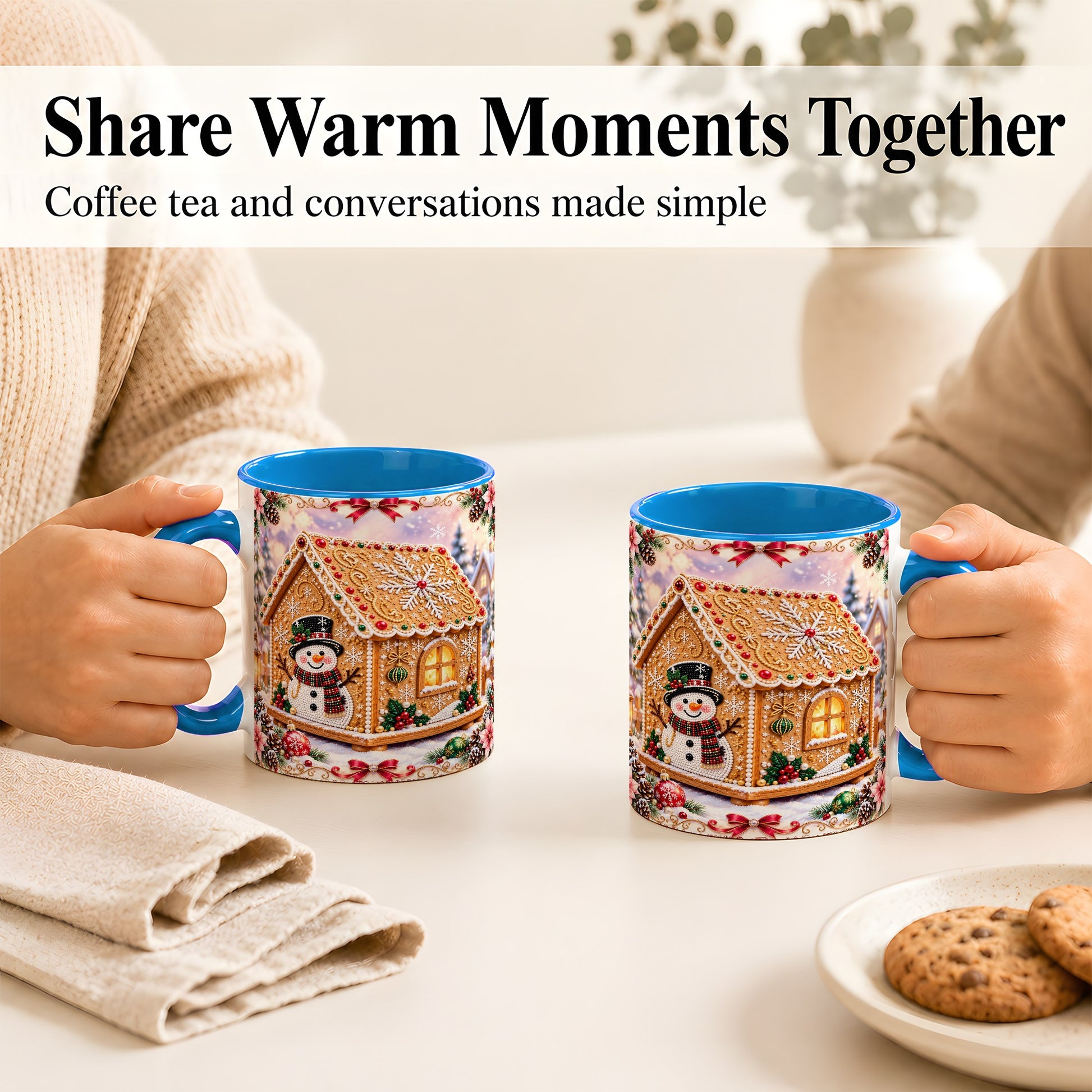 #pl[11oz|Blue] Gingerbread House Coffee Mug, Christmas Snowman Mug, Ceramic Cup