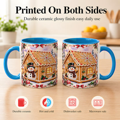 #pl[11oz|Blue] Gingerbread House Coffee Mug, Christmas Snowman Mug, Ceramic Cup