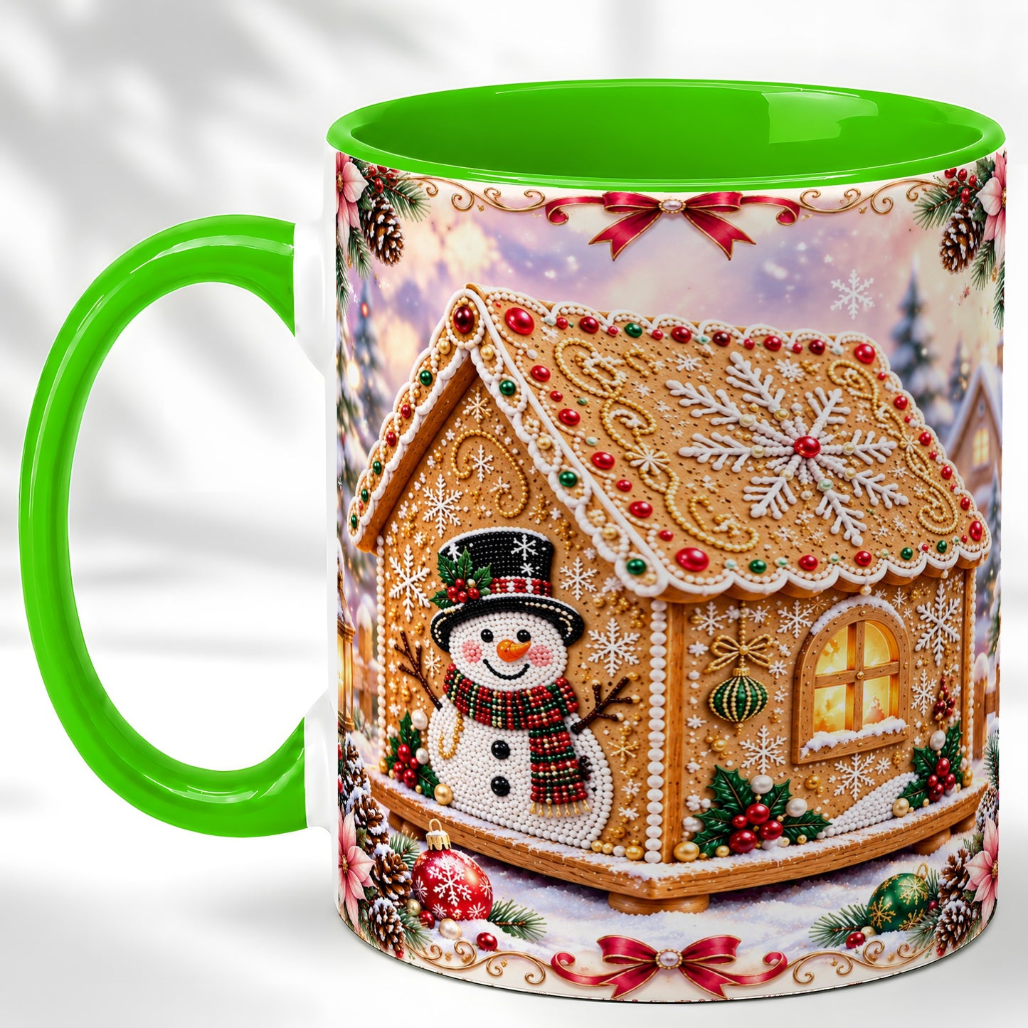 #pl[11oz|Green] Gingerbread House Coffee Mug, Christmas Snowman Mug, Ceramic Cup