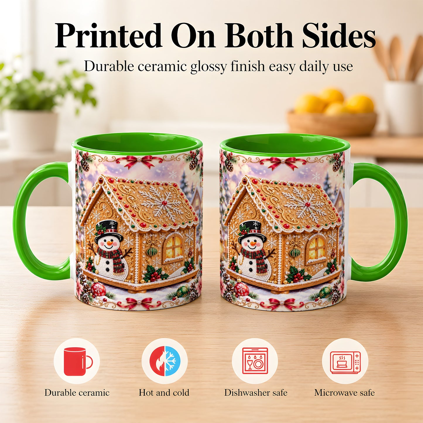 #pl[11oz|Green] Gingerbread House Coffee Mug, Christmas Snowman Mug, Ceramic Cup