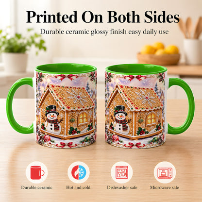 #pl[11oz|Green] Gingerbread House Coffee Mug, Christmas Snowman Mug, Ceramic Cup