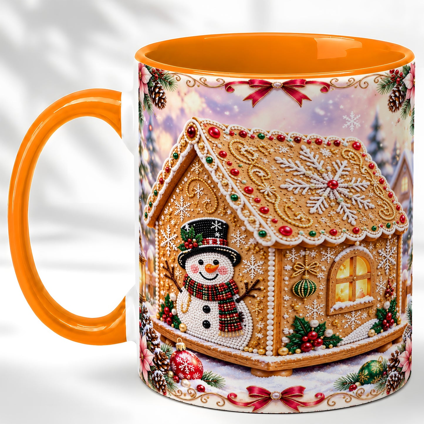 #pl[11oz|Orange] Gingerbread House Coffee Mug, Christmas Snowman Mug, Ceramic Cup