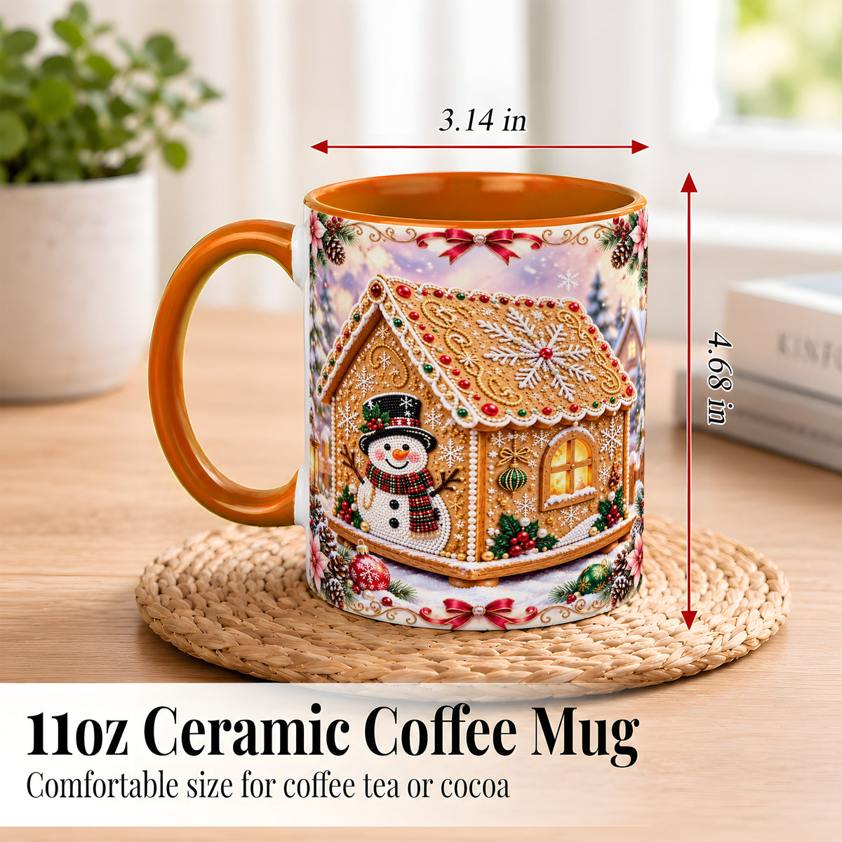 #pl[11oz|Orange] Gingerbread House Coffee Mug, Christmas Snowman Mug, Ceramic Cup