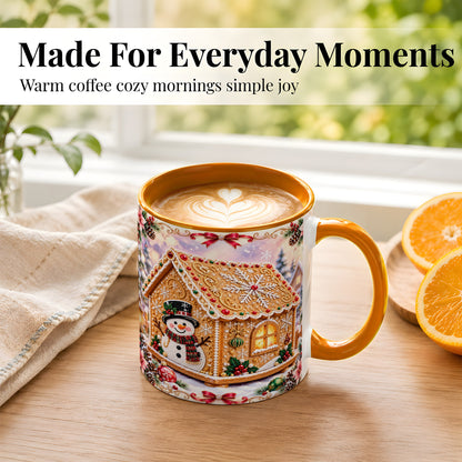 #pl[11oz|Orange] Gingerbread House Coffee Mug, Christmas Snowman Mug, Ceramic Cup
