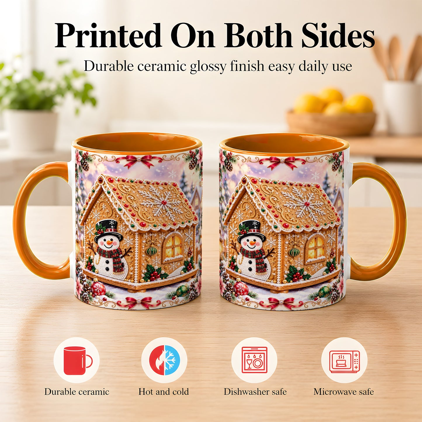 #pl[11oz|Orange] Gingerbread House Coffee Mug, Christmas Snowman Mug, Ceramic Cup