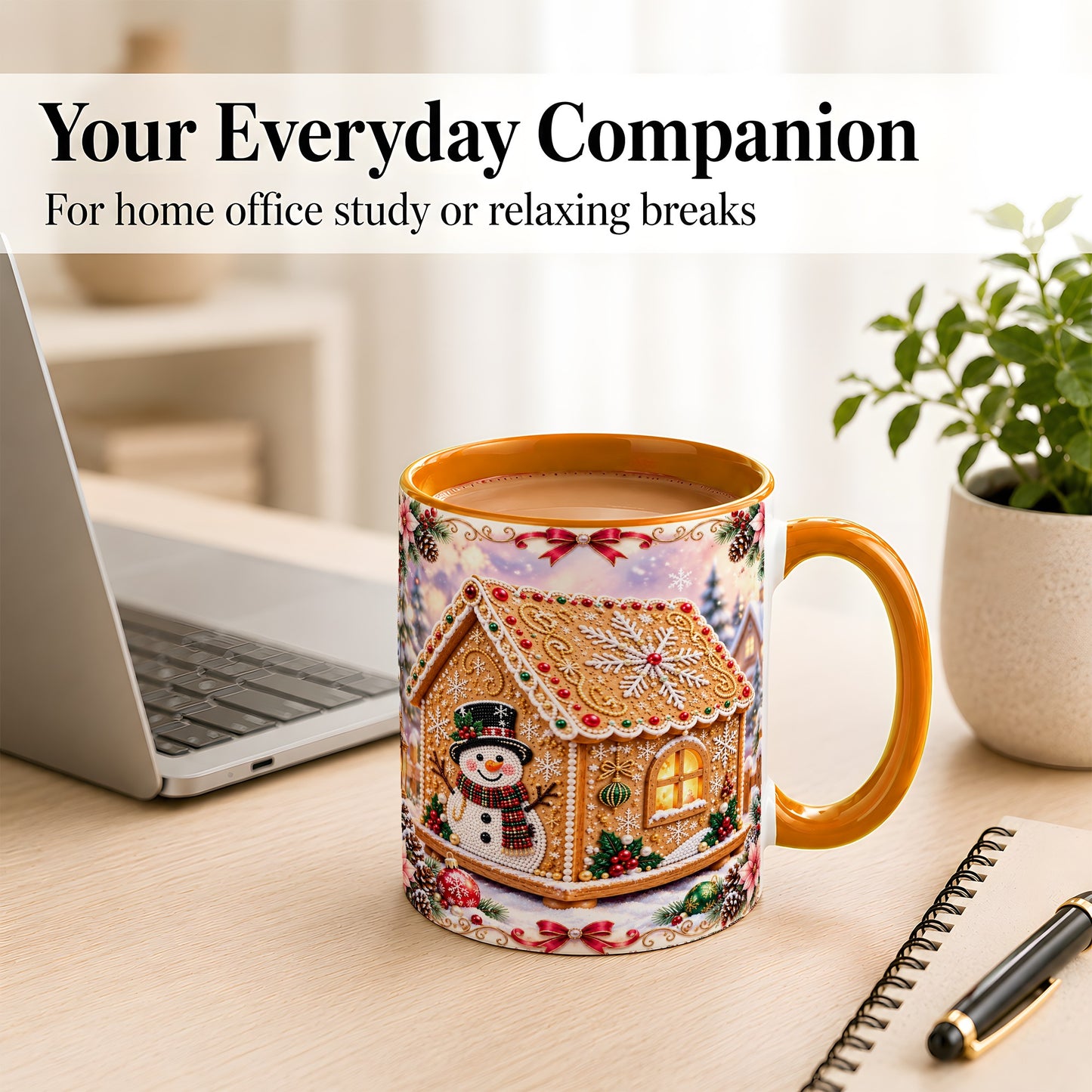#pl[11oz|Orange] Gingerbread House Coffee Mug, Christmas Snowman Mug, Ceramic Cup