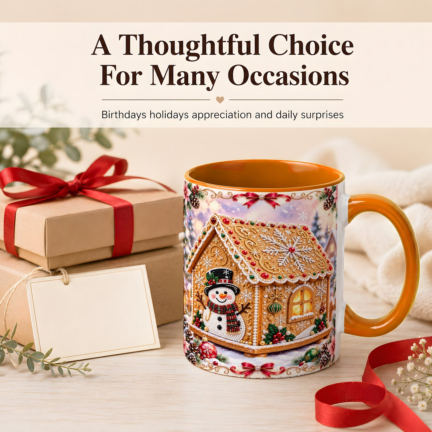 #pl[11oz|Orange] Gingerbread House Coffee Mug, Christmas Snowman Mug, Ceramic Cup
