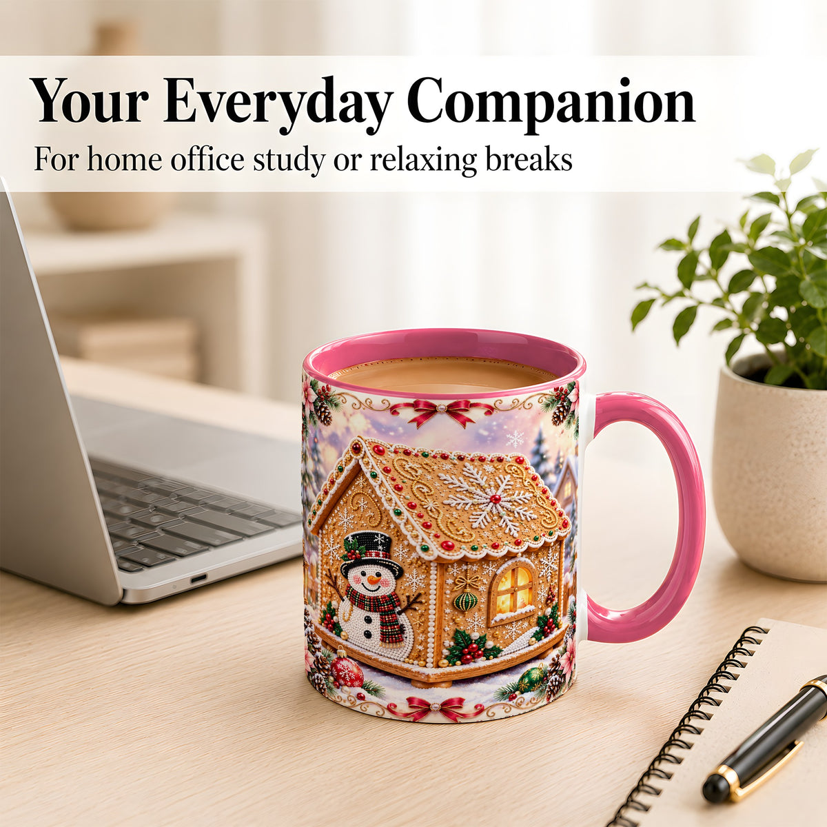 #pl[11oz|Pink] Gingerbread House Coffee Mug, Christmas Snowman Mug, Ceramic Cup