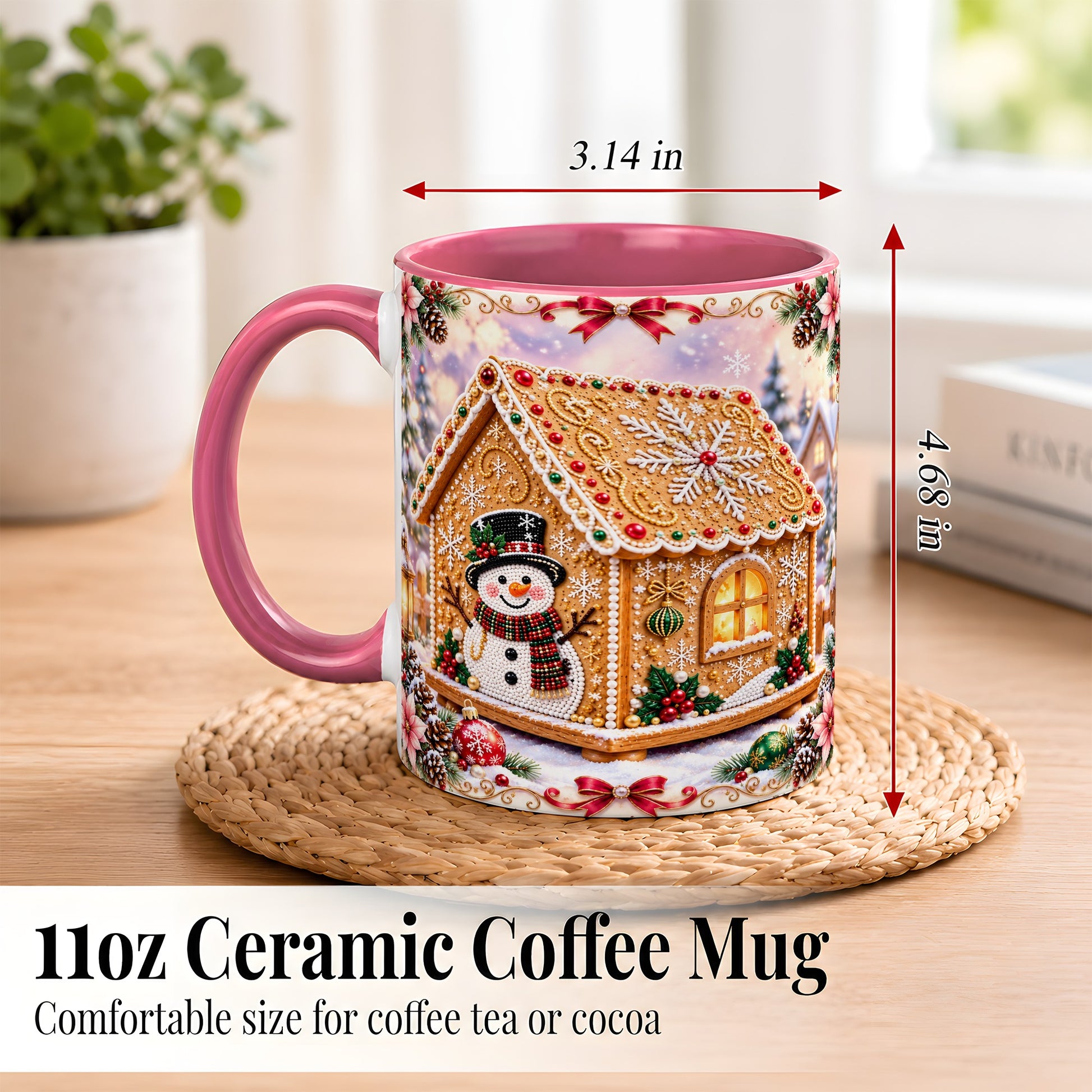 #pl[11oz|Pink] Gingerbread House Coffee Mug, Christmas Snowman Mug, Ceramic Cup