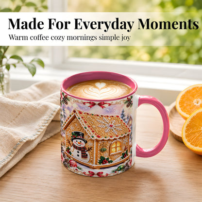 #pl[11oz|Pink] Gingerbread House Coffee Mug, Christmas Snowman Mug, Ceramic Cup