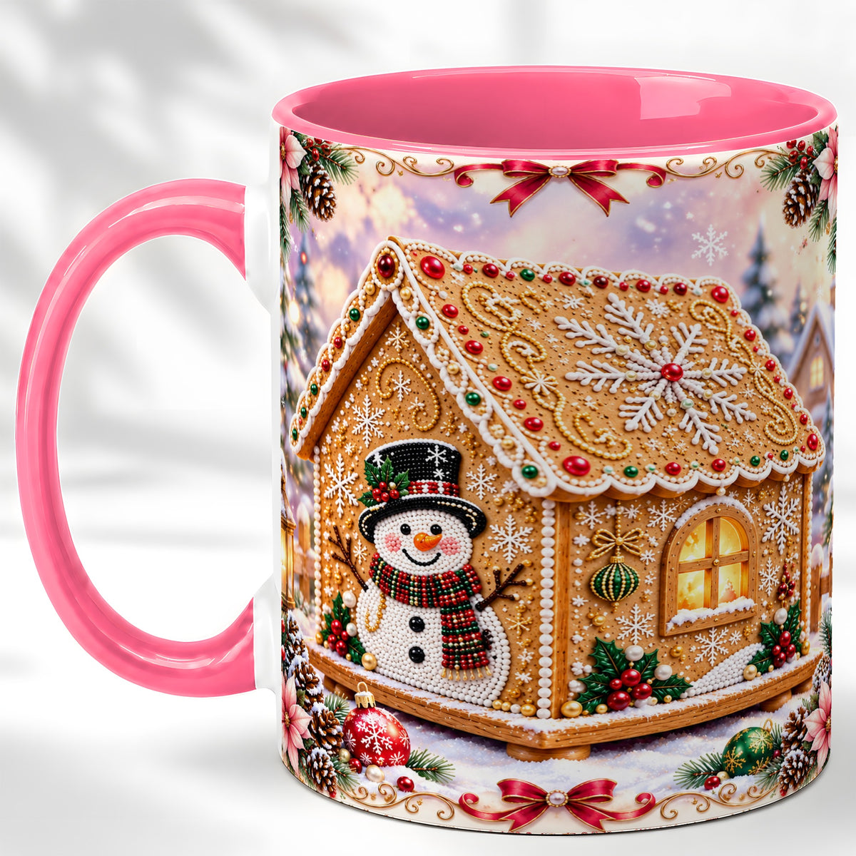 #pl[11oz|Pink] Gingerbread House Coffee Mug, Christmas Snowman Mug, Ceramic Cup