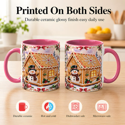 #pl[11oz|Pink] Gingerbread House Coffee Mug, Christmas Snowman Mug, Ceramic Cup