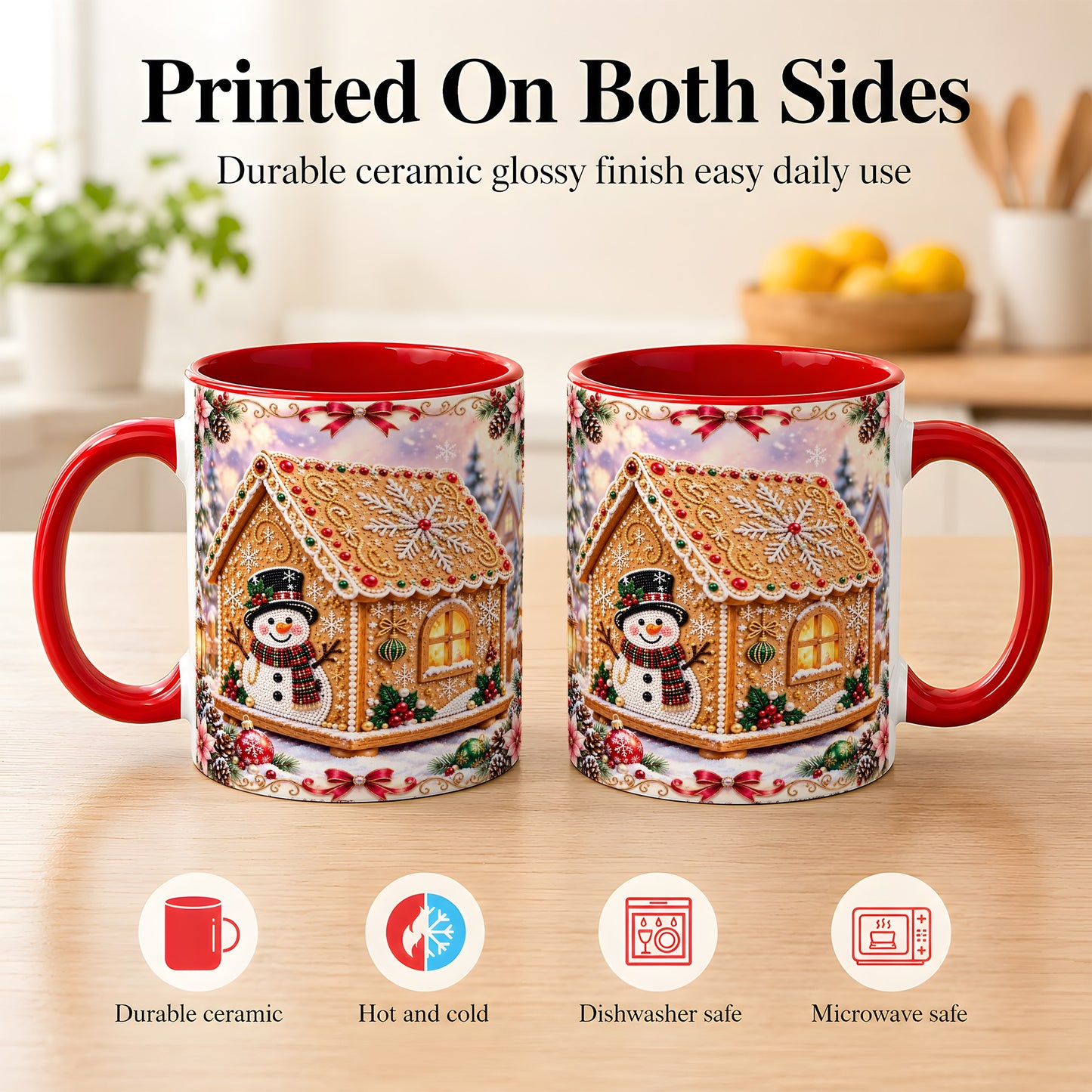 #pl[11oz|Red] Gingerbread House Coffee Mug, Christmas Snowman Mug, Ceramic Cup