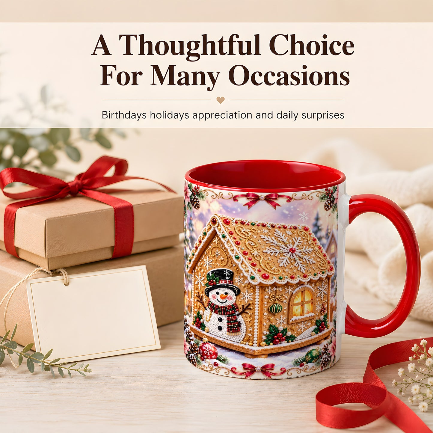 #pl[11oz|Red] Gingerbread House Coffee Mug, Christmas Snowman Mug, Ceramic Cup