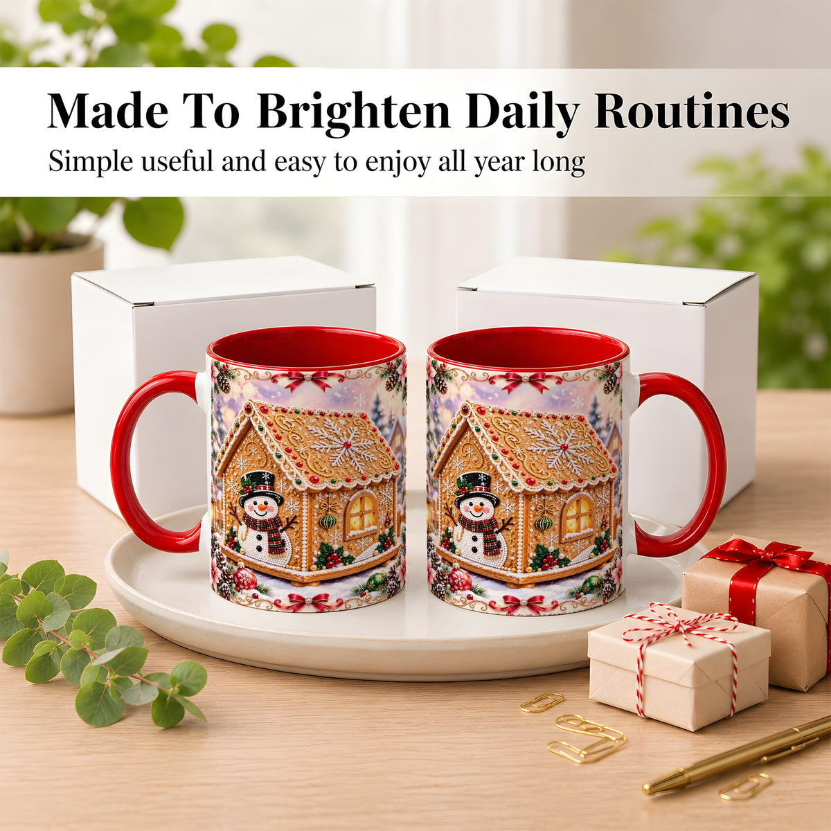 #pl[11oz|Red] Gingerbread House Coffee Mug, Christmas Snowman Mug, Ceramic Cup