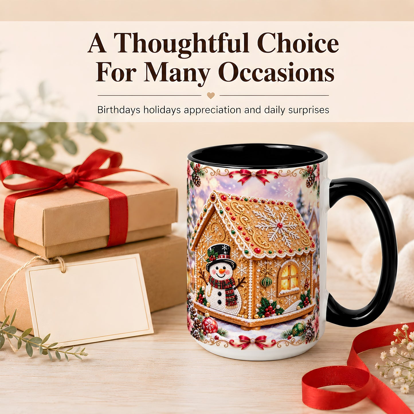 #pl[15oz|Black] Gingerbread House Coffee Mug, Christmas Snowman Mug, Ceramic Cup