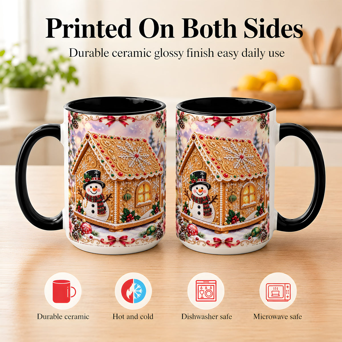 #pl[15oz|Black] Gingerbread House Coffee Mug, Christmas Snowman Mug, Ceramic Cup