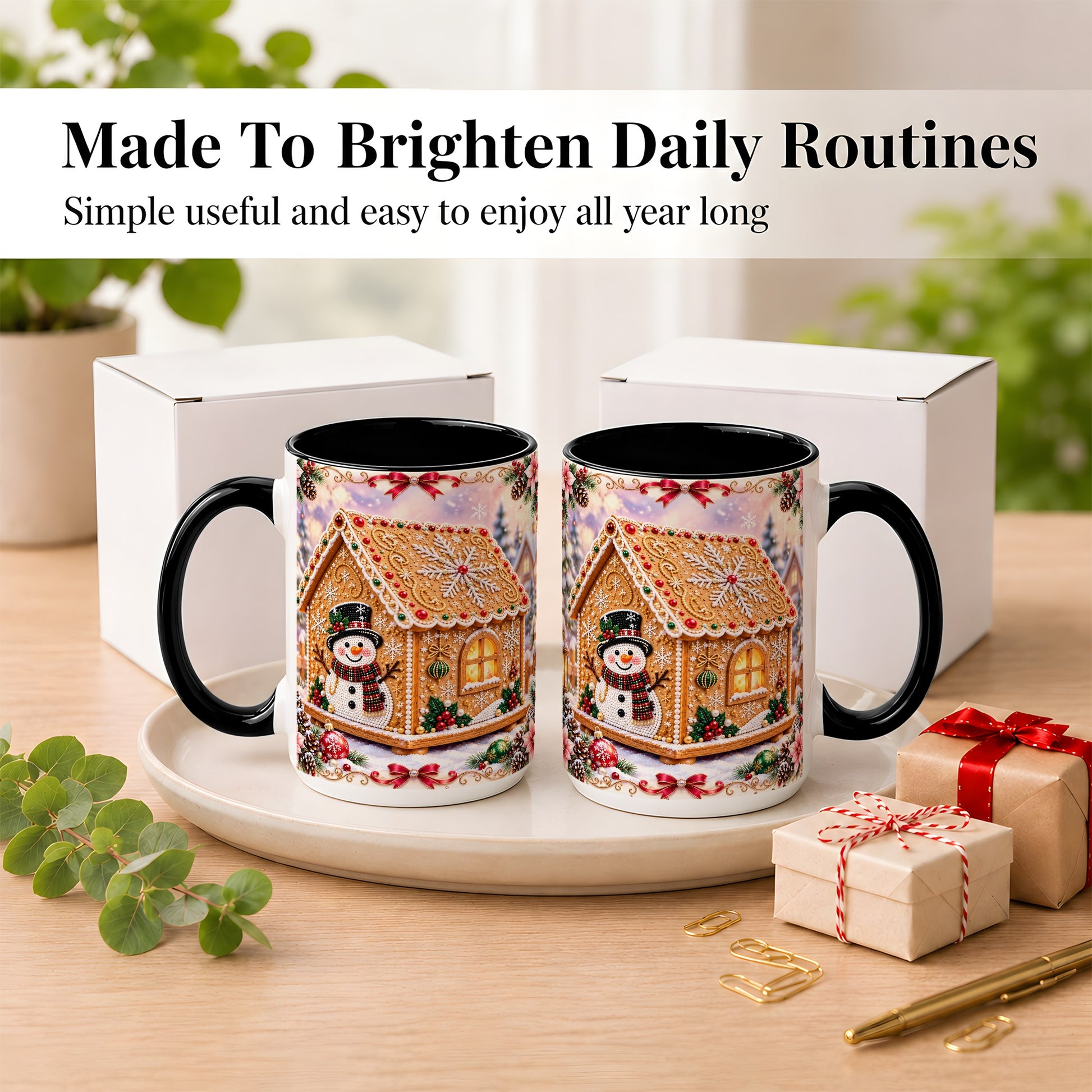 #pl[15oz|Black] Gingerbread House Coffee Mug, Christmas Snowman Mug, Ceramic Cup