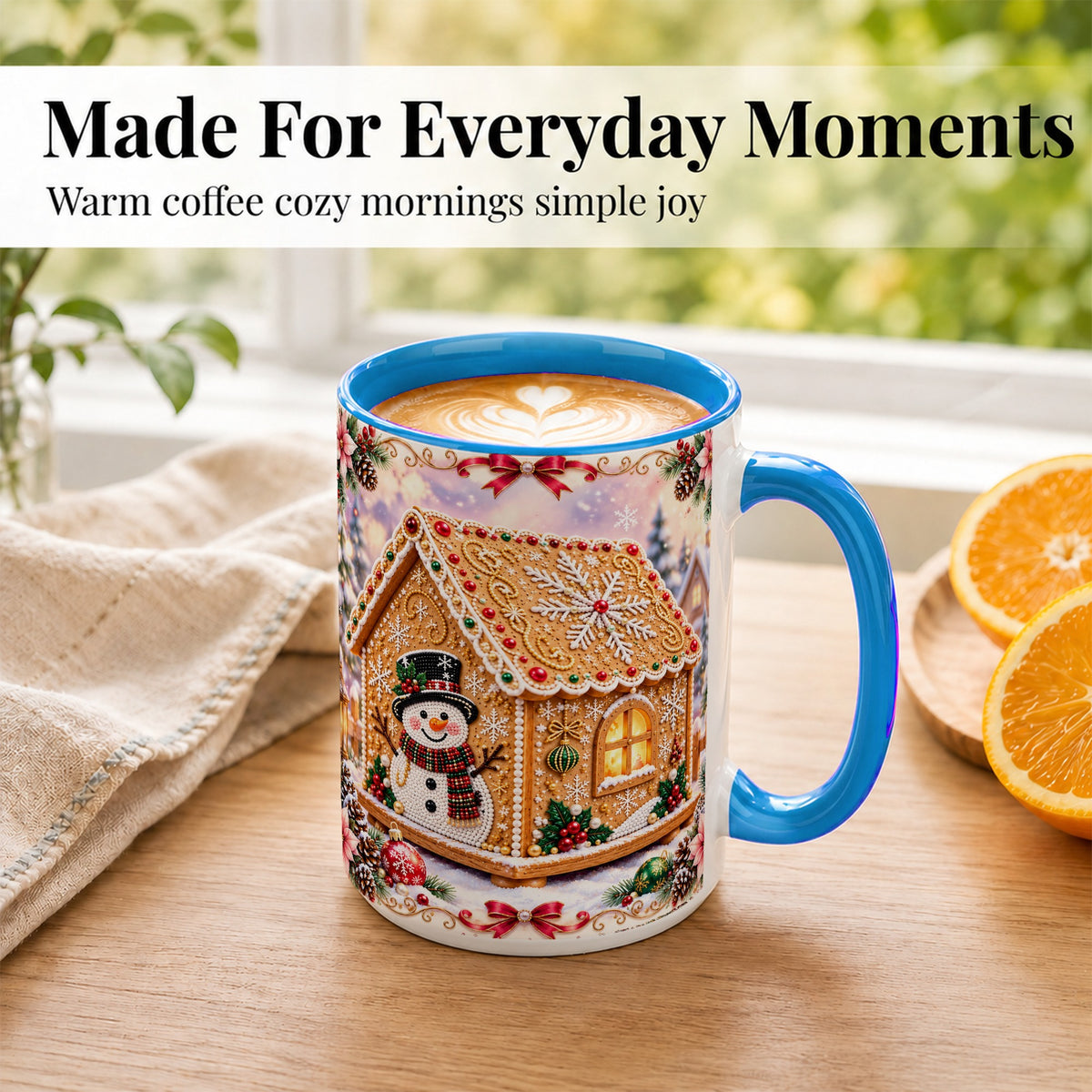 #pl[15oz|Blue] Gingerbread House Coffee Mug, Christmas Snowman Mug, Ceramic Cup