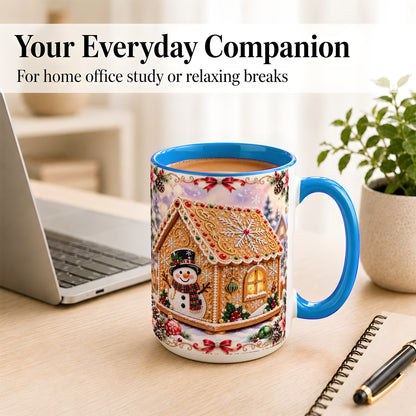 #pl[15oz|Blue] Gingerbread House Coffee Mug, Christmas Snowman Mug, Ceramic Cup